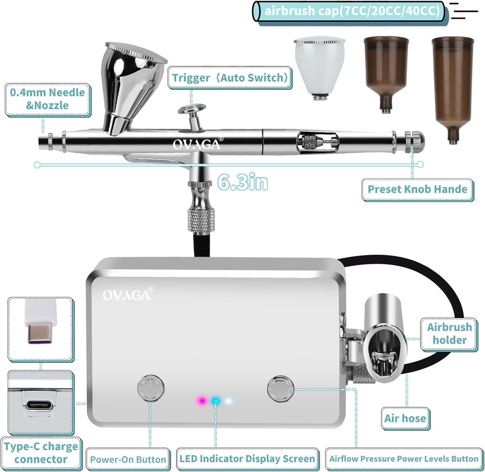 OVAGA 32PSI Airbrush Kit with Compressor, Rechargeable Multi-Function Dual-Actio