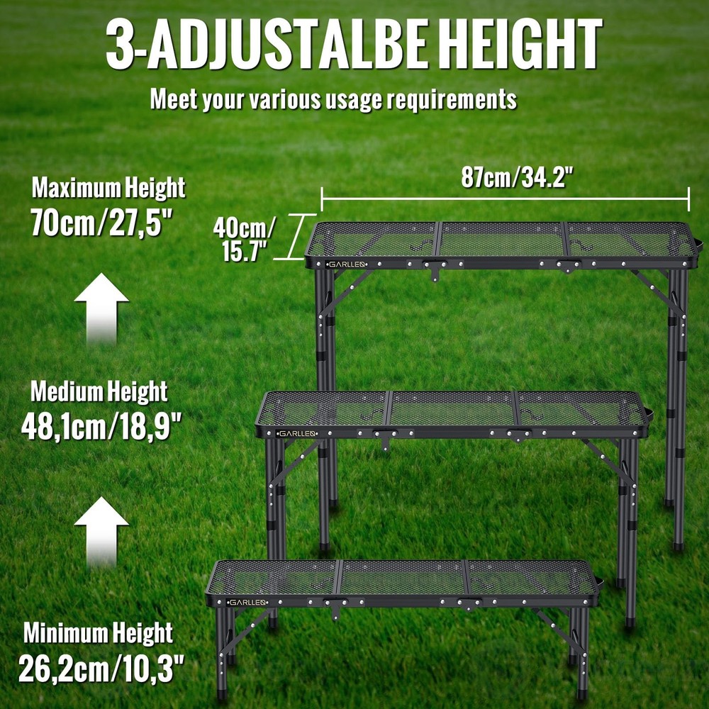 Folding Grill Table Max Capacity 66lbs, 3 Adjustable Height Portable Folding ...