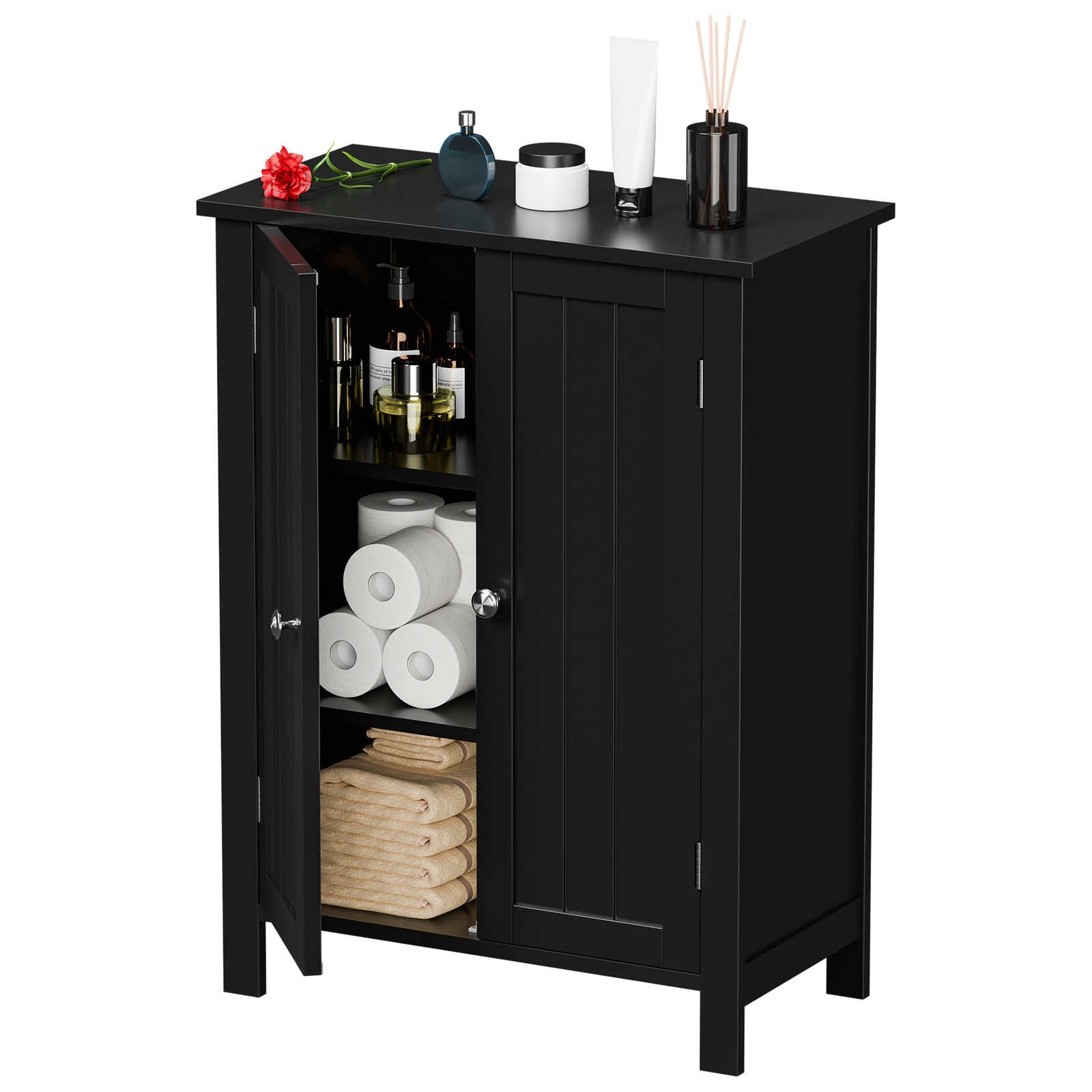 Bathroom Floor Storage Cabinet with Adjustable Shelf Double Door Organizer Black