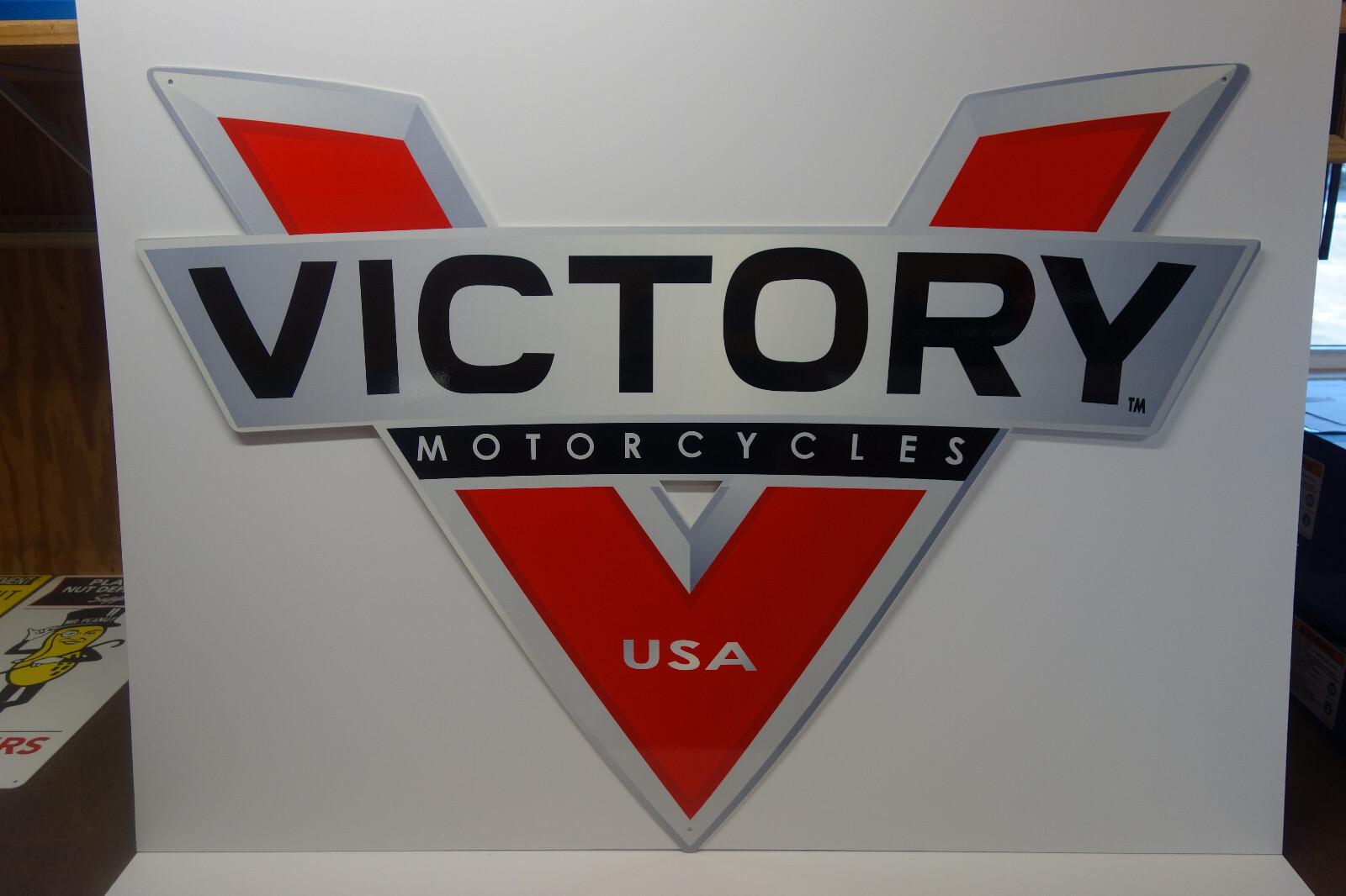 VICTORY MOTORCYCLES DEALERSHIP DIE CUT RARE ENAMEL SIGN HUGE 32" HIGH X 44" WIDE