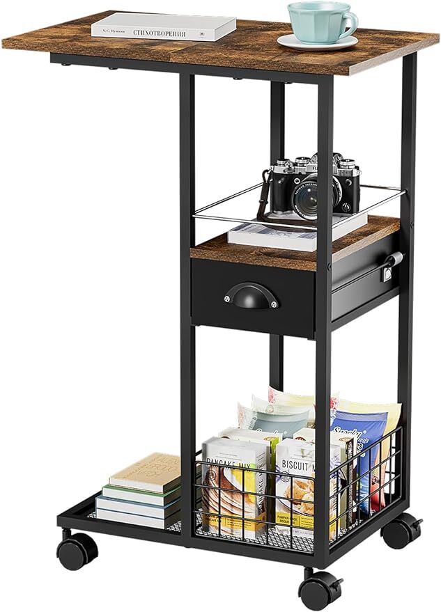 C Shaped Sofa Side Table Couch End Table with Drawer Bedside Table with Wheels