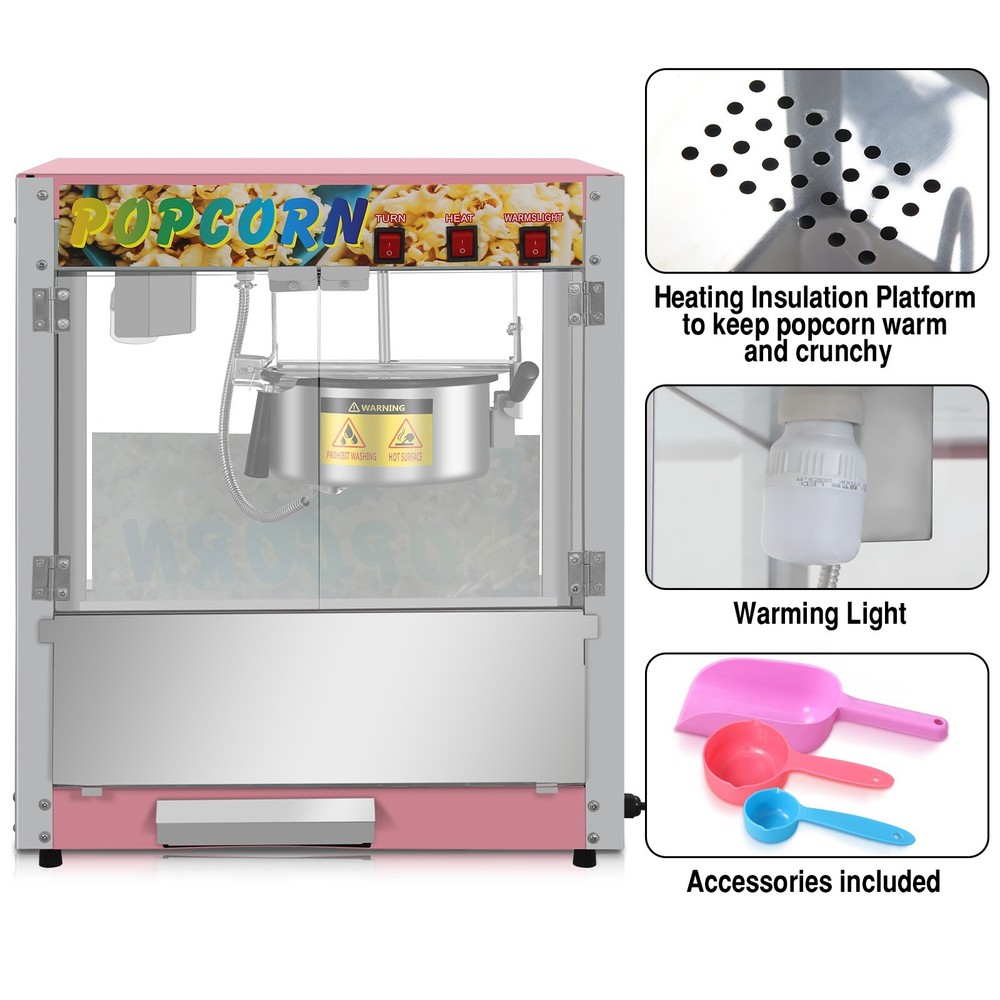 8 OZ Popcorn Machine Countertop Popcorn Maker Bar Style 850w Pink