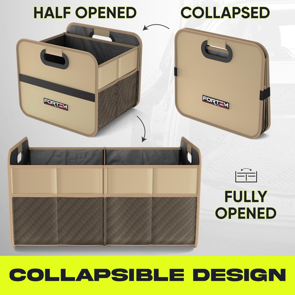 FORTEM Car Trunk Organizer, Collapsible Two Compartment Medium, Beige
