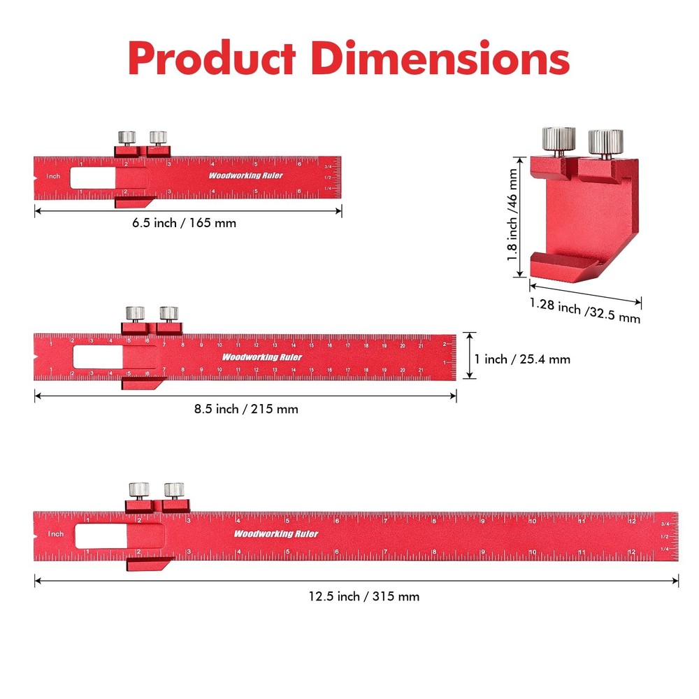 3PCS Woodworking Ruler Set Precision Pocket Ruler with Adjustable Slide Stop