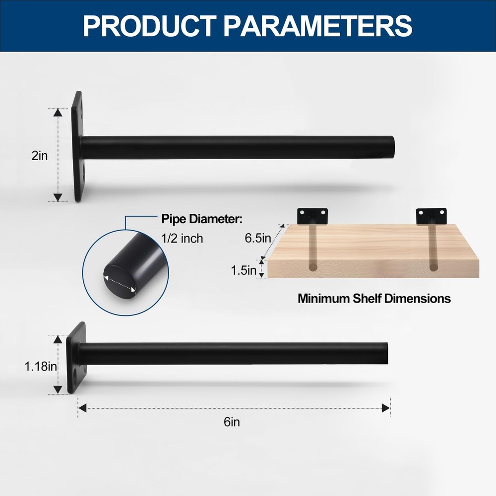 12 Pcs 6" Black Solid Steel Floating Shelf Bracket Blind Shelf Supports - Hidden