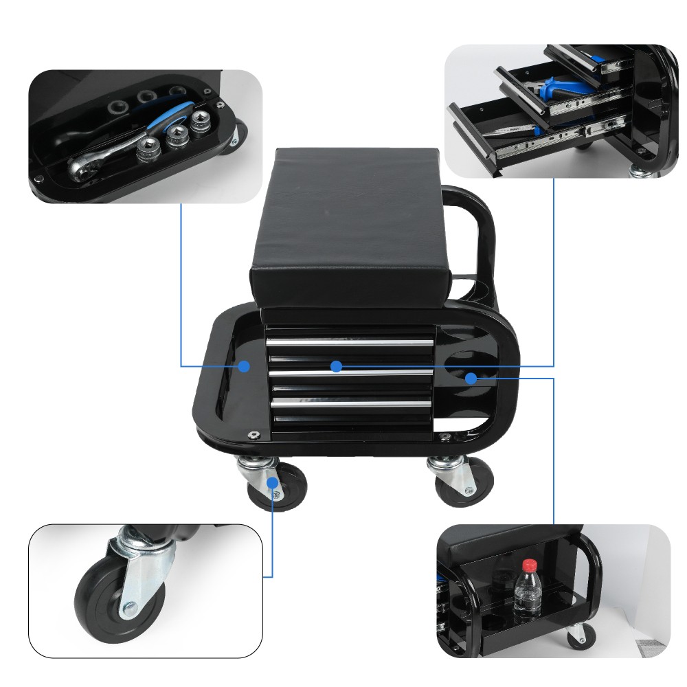 Multifunctional Rolling Tool Chest,Rolling Creeper Garage with 3Built in Drawers