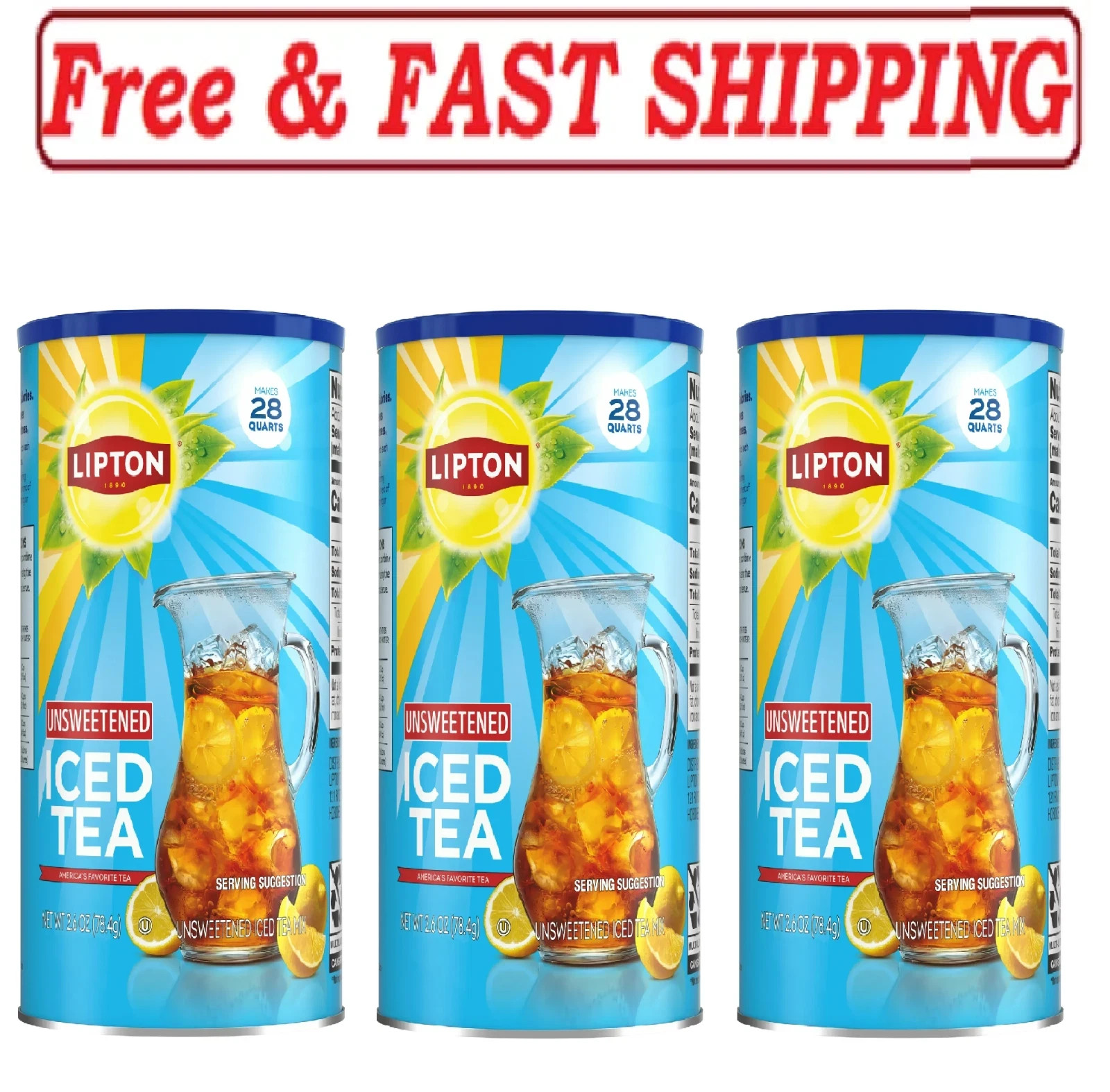 3 PACK NEW Lipton Caffeinated Unsweetened Instant Iced Tea 28 Quarts