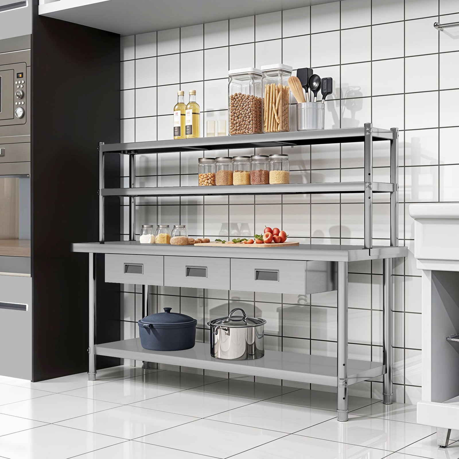 72" X 24" Worktable Stainless Steel Table with Overshelves with 72" X 12" Shelf