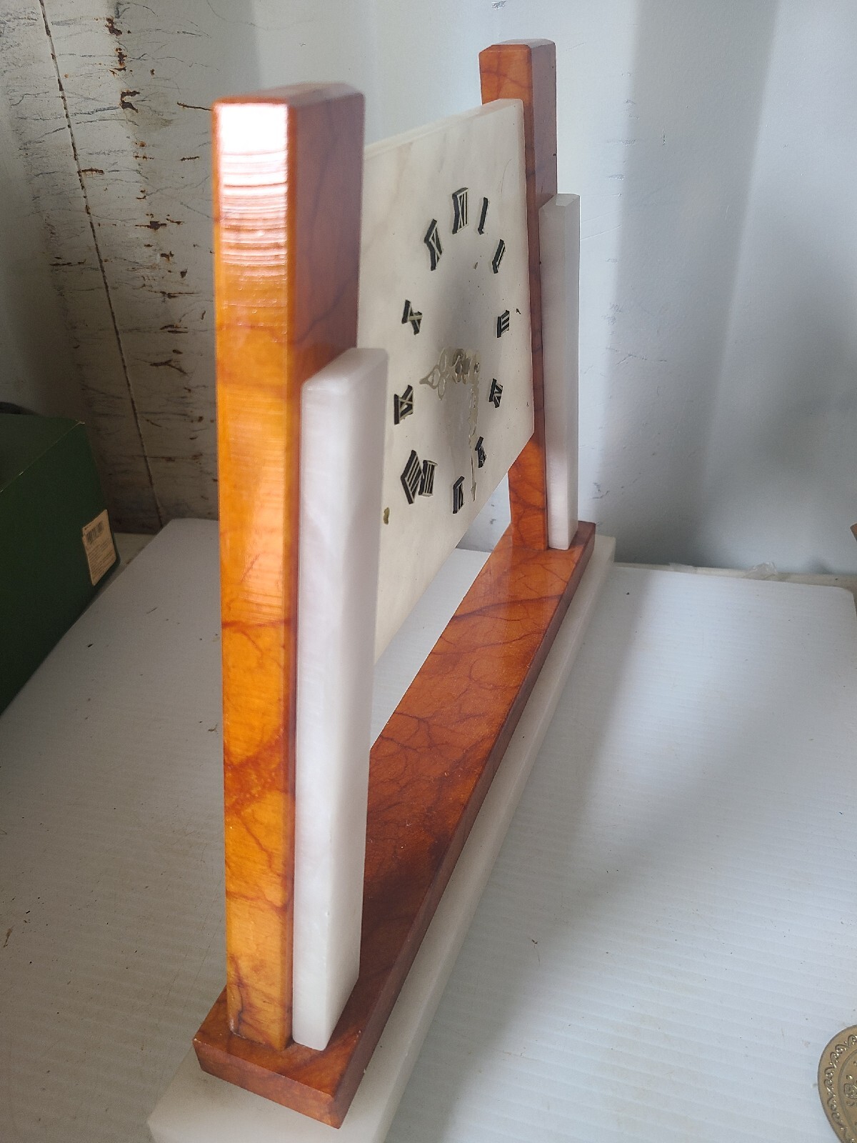 VIntage White And Brown Marble Mantle Clock MCM Pyramid Mid Century