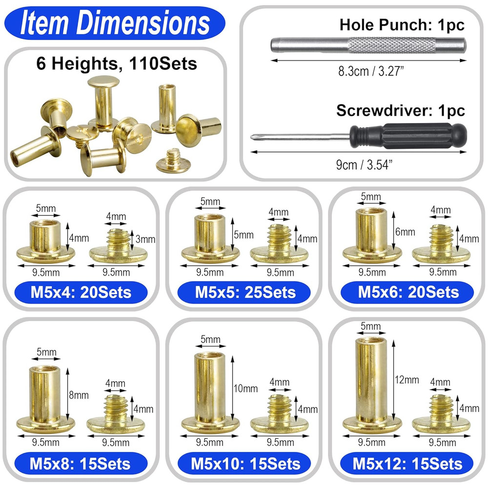 110Sets Chicago Screws Leather Rivets Assorted Screw Rivets Chicago Binding Scre