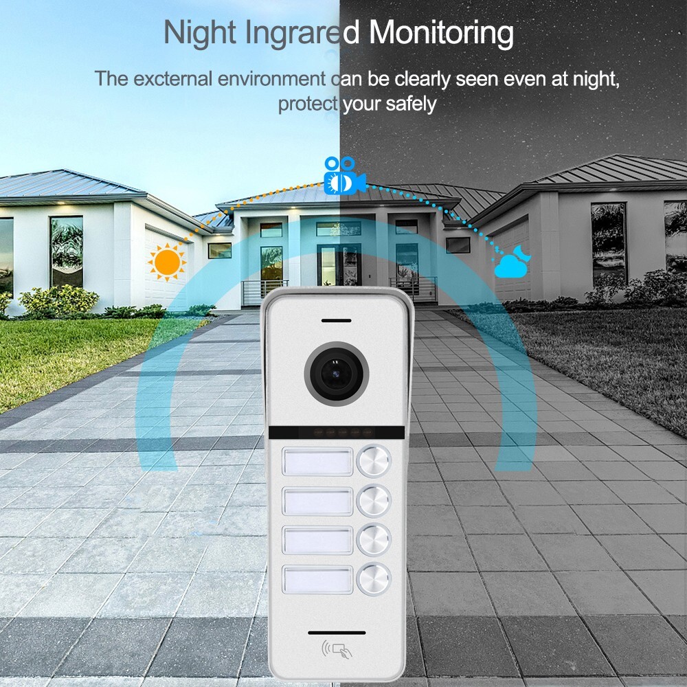 7 Inch 4 Unit Video Intercom System for Apartment, Wired Cable & Touch Screen