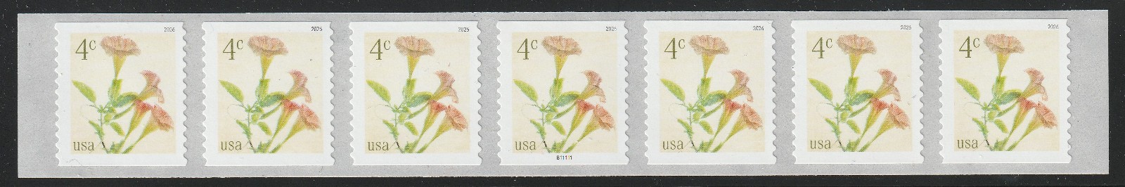 US Scott 6045 4c Angel's Trumpets PNC strip of 7, plate number B11111