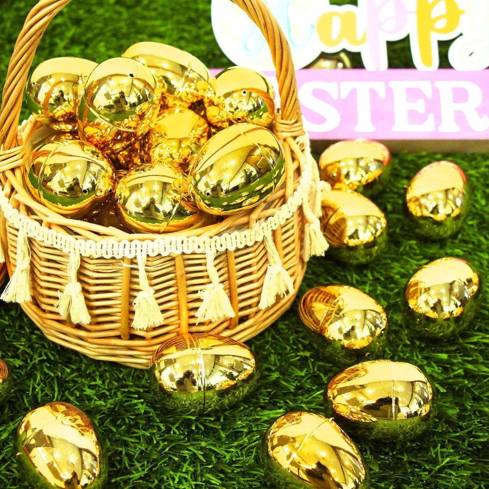 18Pcs Easter Eggs Bulk 2.3" Fillable Shiny Golden Metallic Plastic Easter Eggs