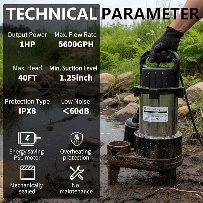 FOTING Submersible Sewage Sump Pump Cast Iron Vortex Impeller