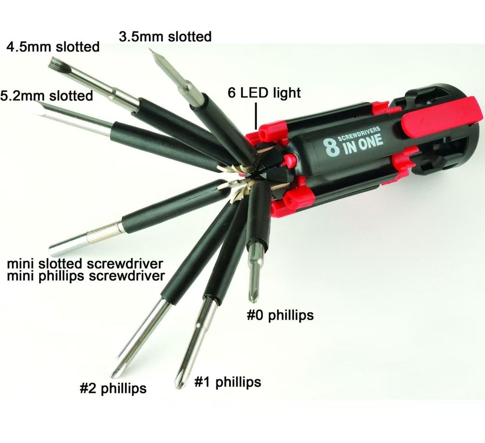 8-in-1 Multi-Function Screwdriver Set with 6 LED Flashlights, Assorted Bits