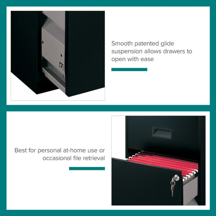18" Deep 2 Drawer Letter Width Vertical File Cabinet, Secure Locking, Black