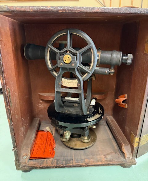 Antique 1925 K&E transit in original box with matching "short" tripod.