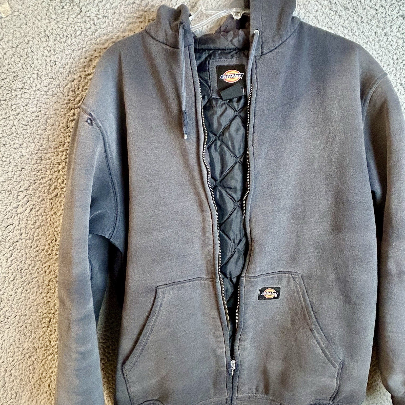 VTG Dickies Mens Full Zip Hooded Quilted Faded Workwear Hoodie Size M Distressed