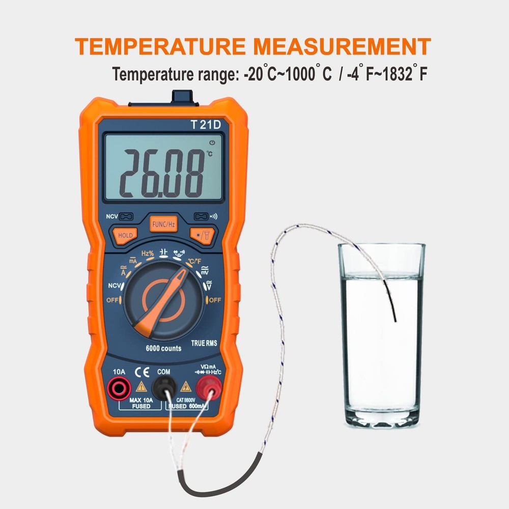 Auto-Ranging Digital Multimeter, TRMS 6000 Counts AC DC Orange and black