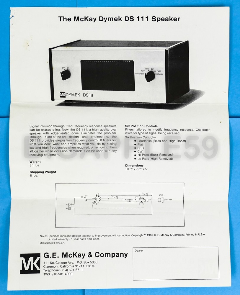 Brochure /Flyer For McKay Dymek DA9 Indoor Loop MW Antenna & DS111 Speaker