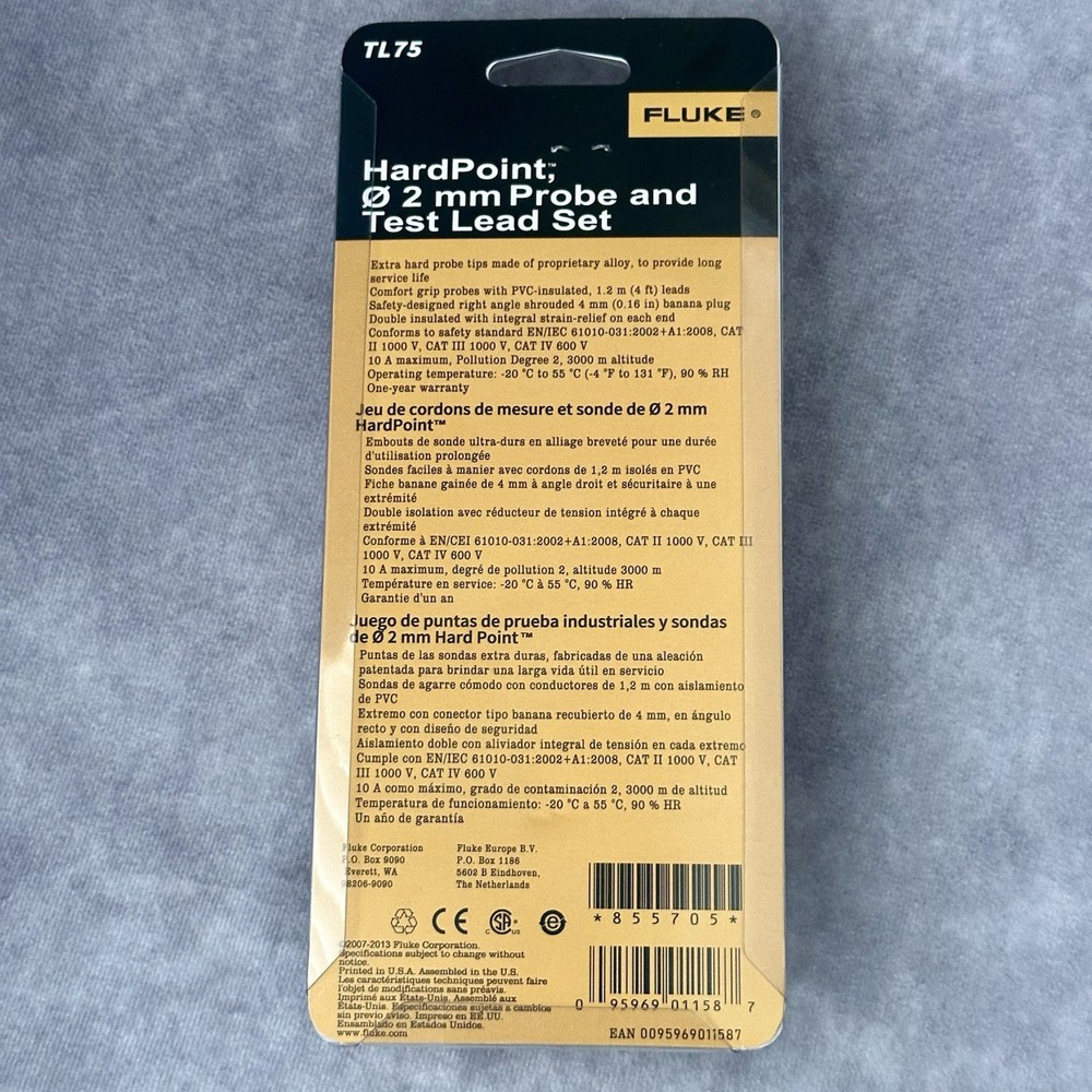 Fluke TL75 Hard Point 2mm Probe & Test Lead Set