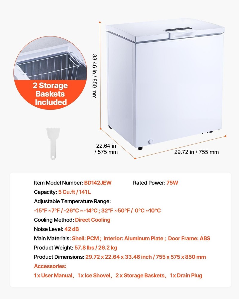 Garage-Ready 5 Cu.ft Chest Freezer, R600a Compressor, Adjustable Temp