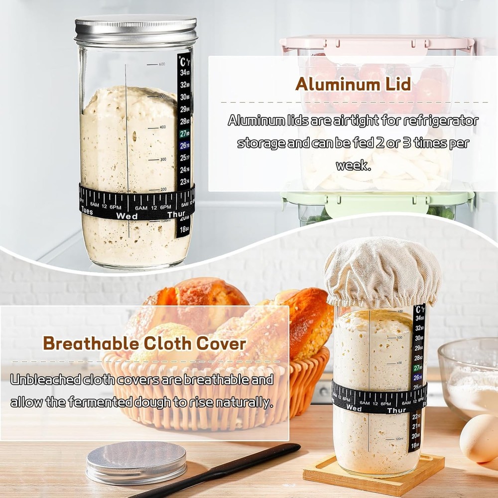 Easily Create Sourdough Bread: 24 oz Starter Kit with Thermometer & Scraper