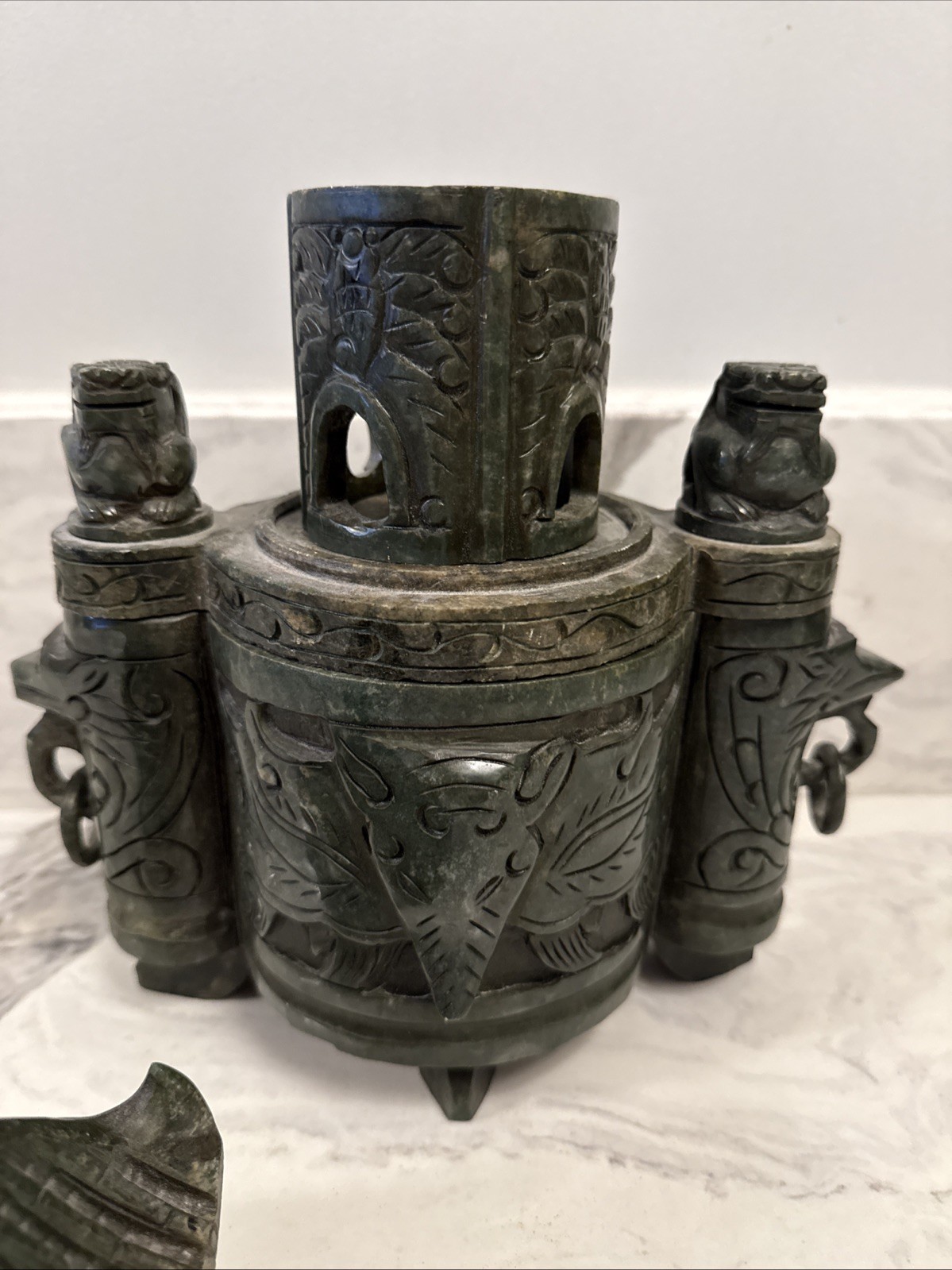 Large Vintage Chinese Deep Green Nephrite Jade Incense Burner 14”