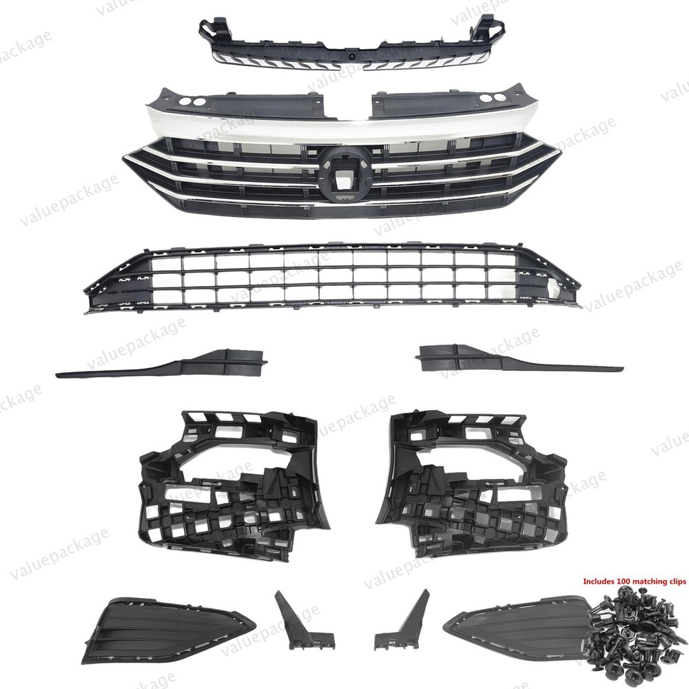 11PC For Jetta 2019-2021 Upper Lower Grille Mesh Bumper Retainer Support Bracket