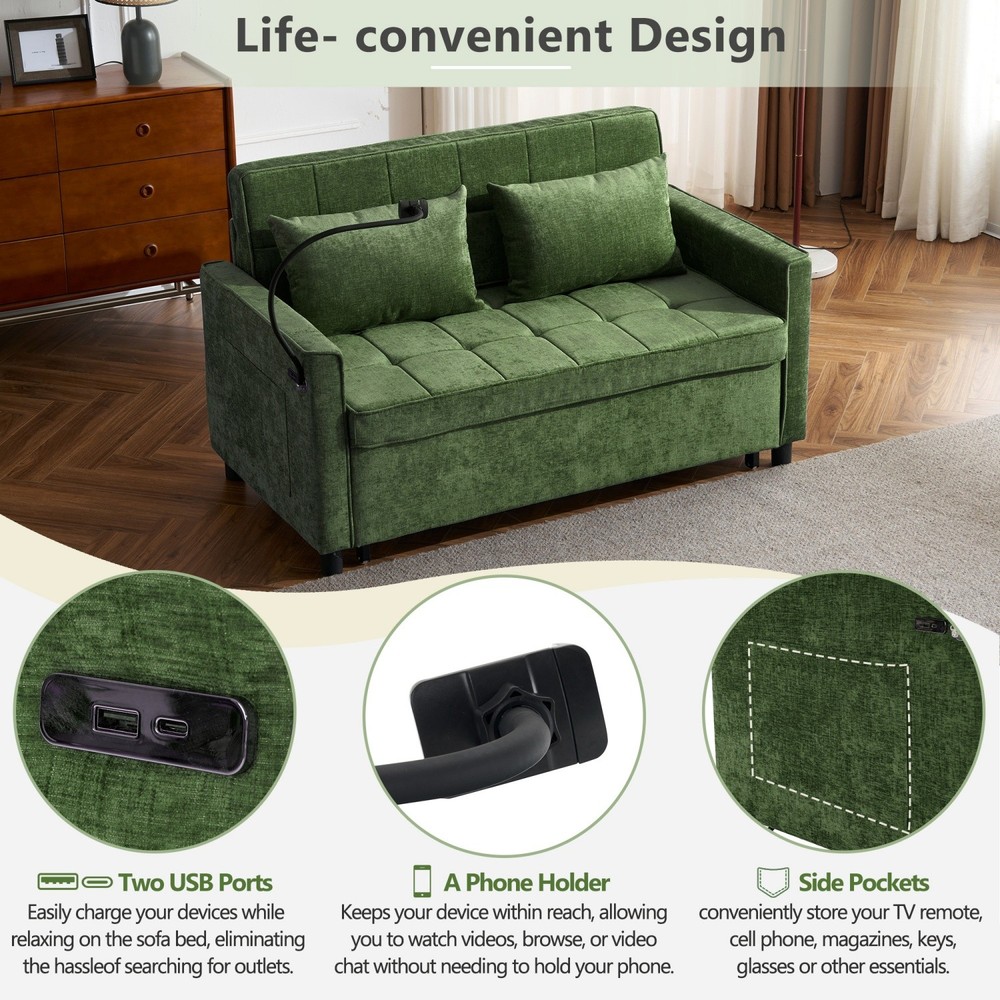 56.9'' Convertible Sleeper Sofa Bed Loveseat Sofa with Pull Out Bed & USB Ports