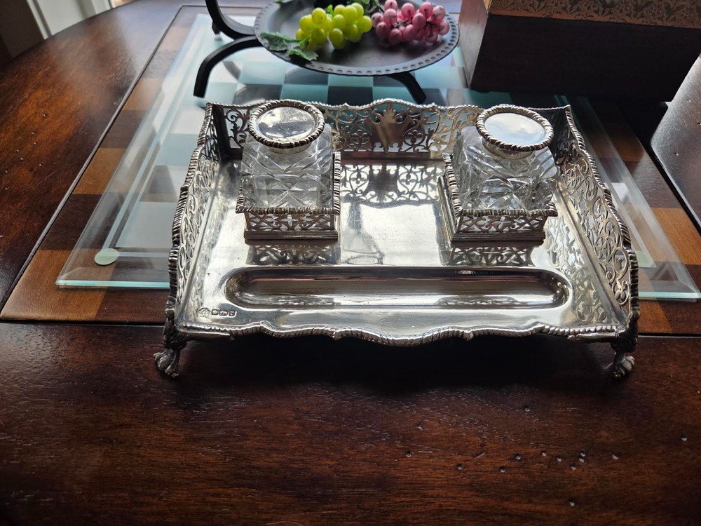 Sterling Silver Two Inkwells with Stand (Hallmarked)