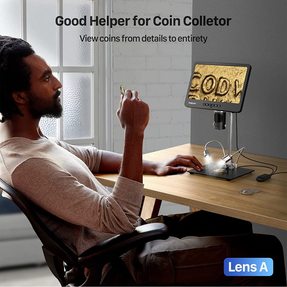 TOMLOV Digital Microscope 10" 2000X Coin Microscope 144 LED Illumination HDMI