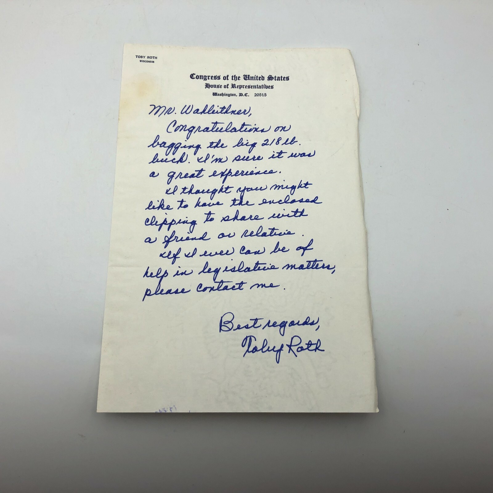 Vtg U.S. Congress Letterhead Toby Roth Representative WI Hand Written Letter Q1