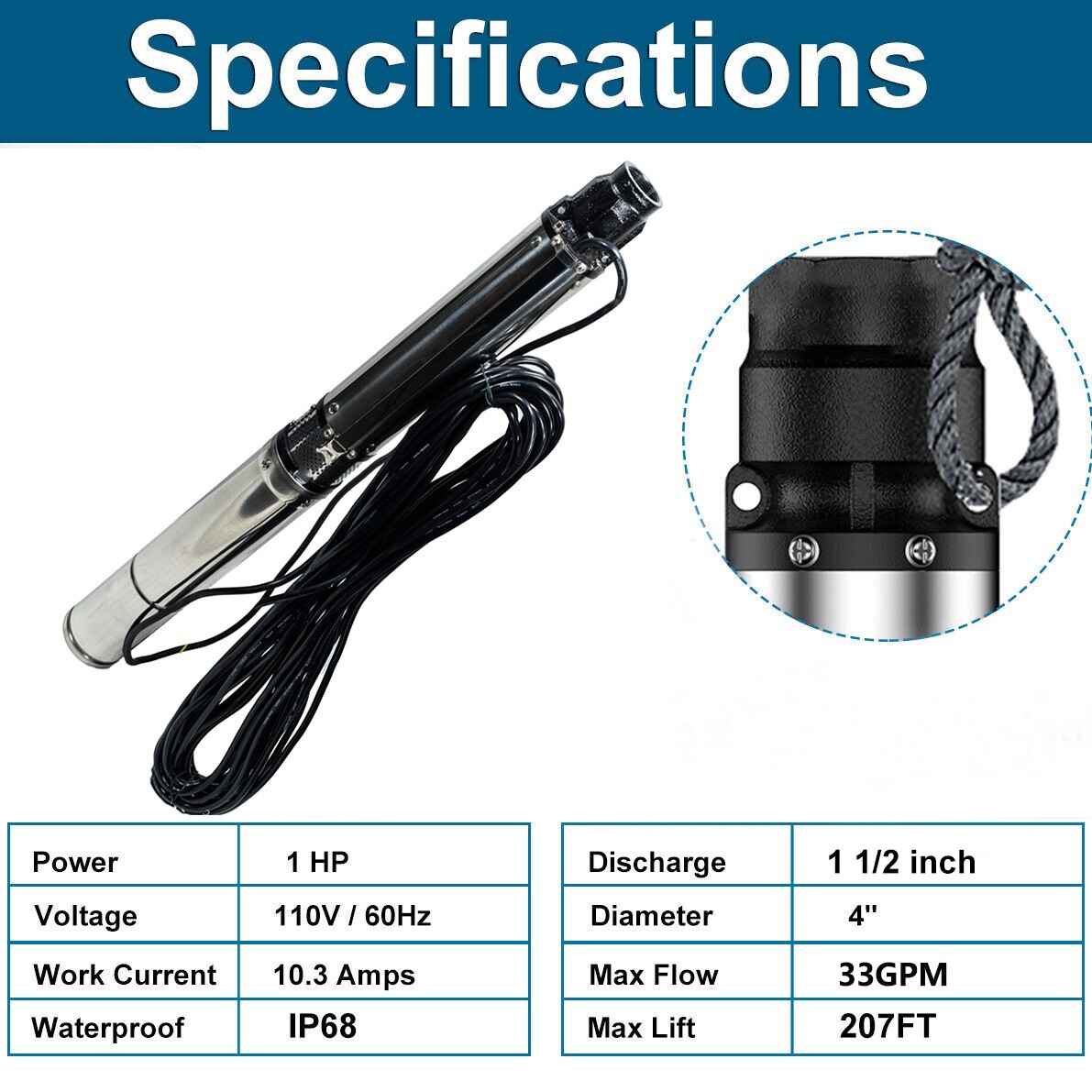 4''Deep Well Submersible Pump 1HP 207' 33GPM 110V Stainless Steel w/ Control Box