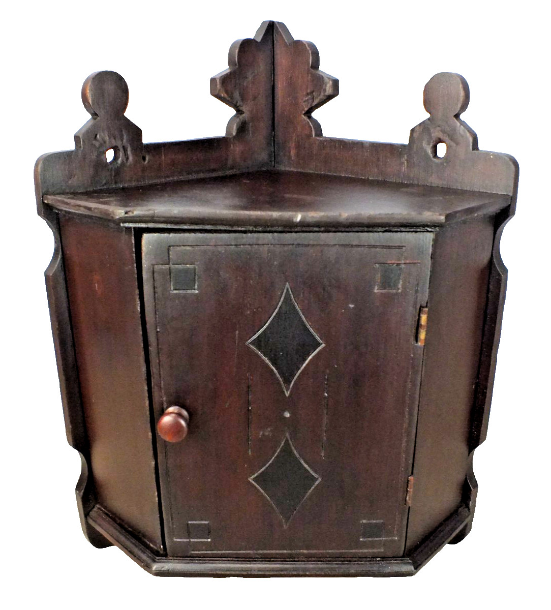 1800s Antique Wall Hung Corner Cabinet Dark Red Brown Finish w Black Highlights