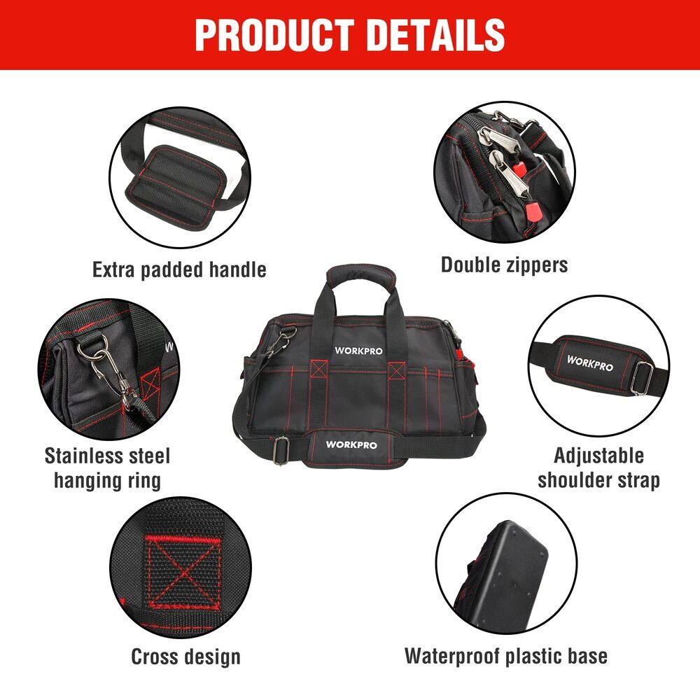 WORKPRO 16" Zipper Wide Mouth Tool Storage Bag Case Large Capacity w/21 Pockets