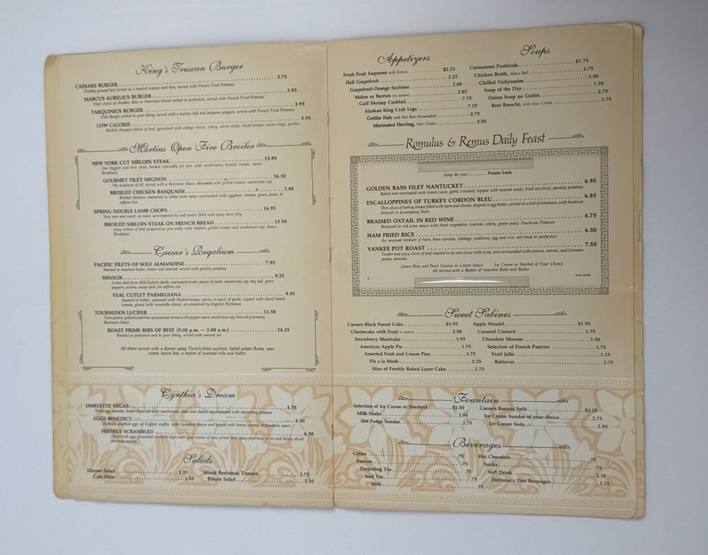 Vintage Caesars Palace Cafe Roma Menu