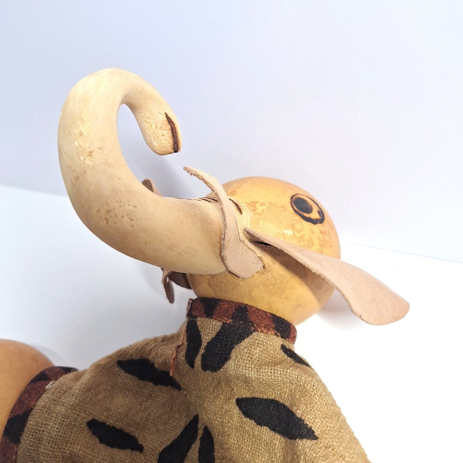 African Elephant Gourd Puppet Leather Handmade Ears Tusks Tribal Fabric READ