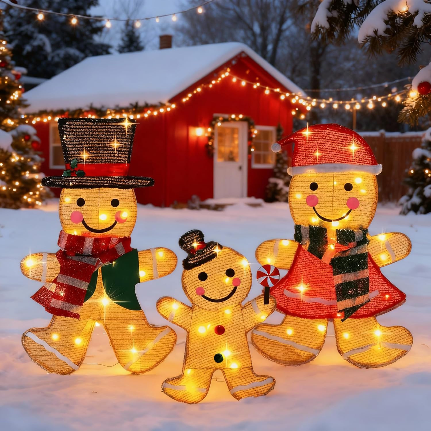 Light up Gingerbread Man Christmas Decorations Outdoor, 53 Leds Set of 3 Lawn Or