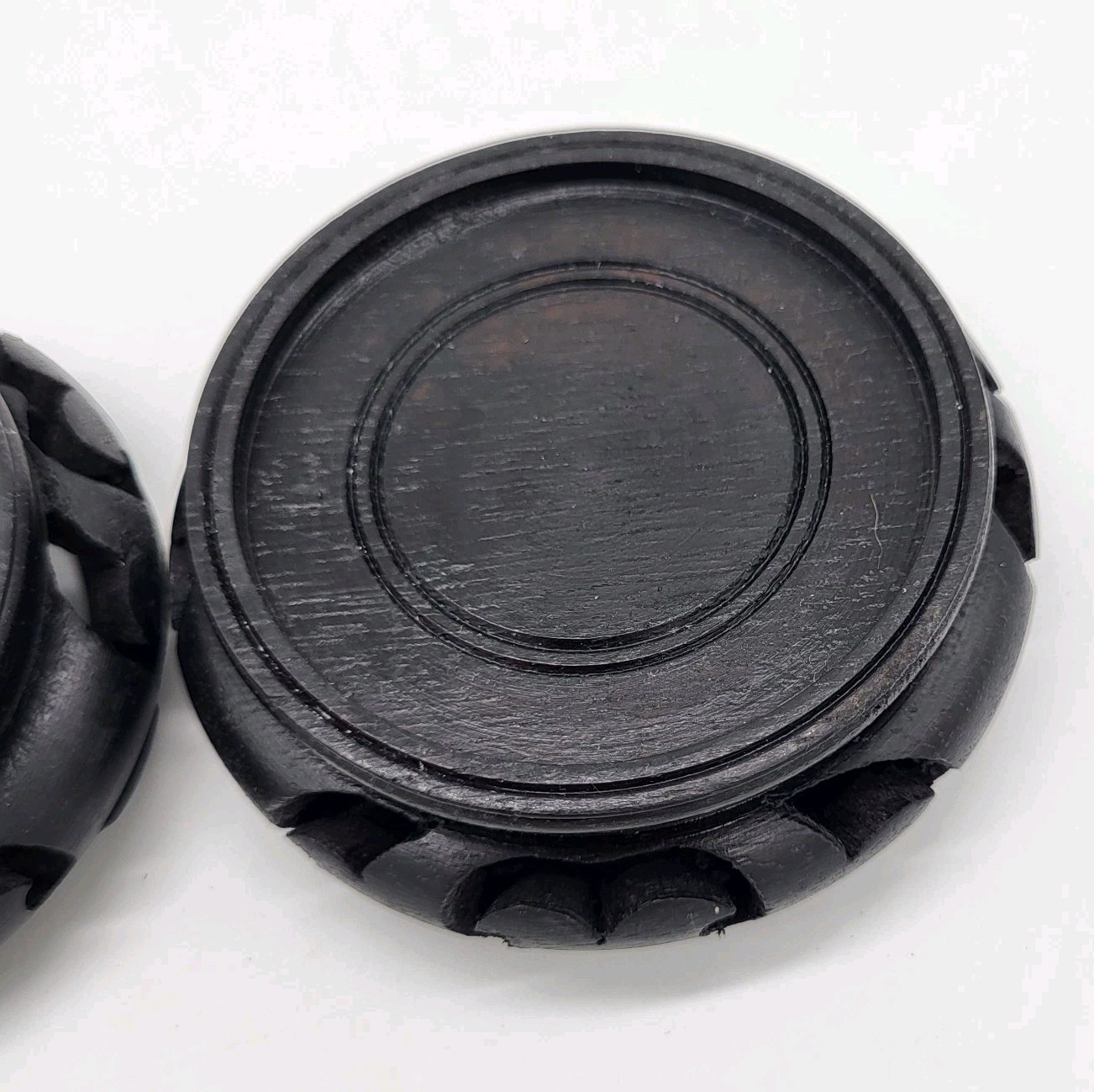 2 Vtg Chinese Carved Black Wood Bowl Pot Vase Display Stands Base Ornate WOCO