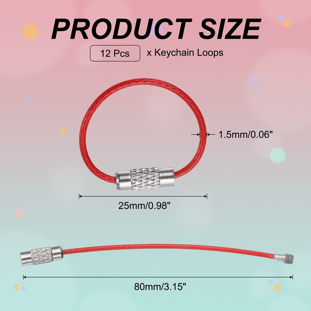 12pcs Keychain Loop, 3.15 Inch Stainless Steel Wire Keychain Cable, Red