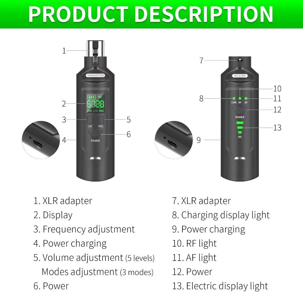 Professional UHF Wireless Handheld Microphone with Wired Conversion Adapter