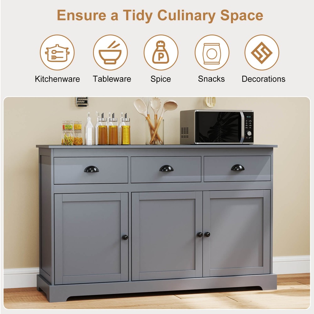 3 Drawers Sideboard Buffet Cabinet Console Table Kitchen Storage Cupboard Gray