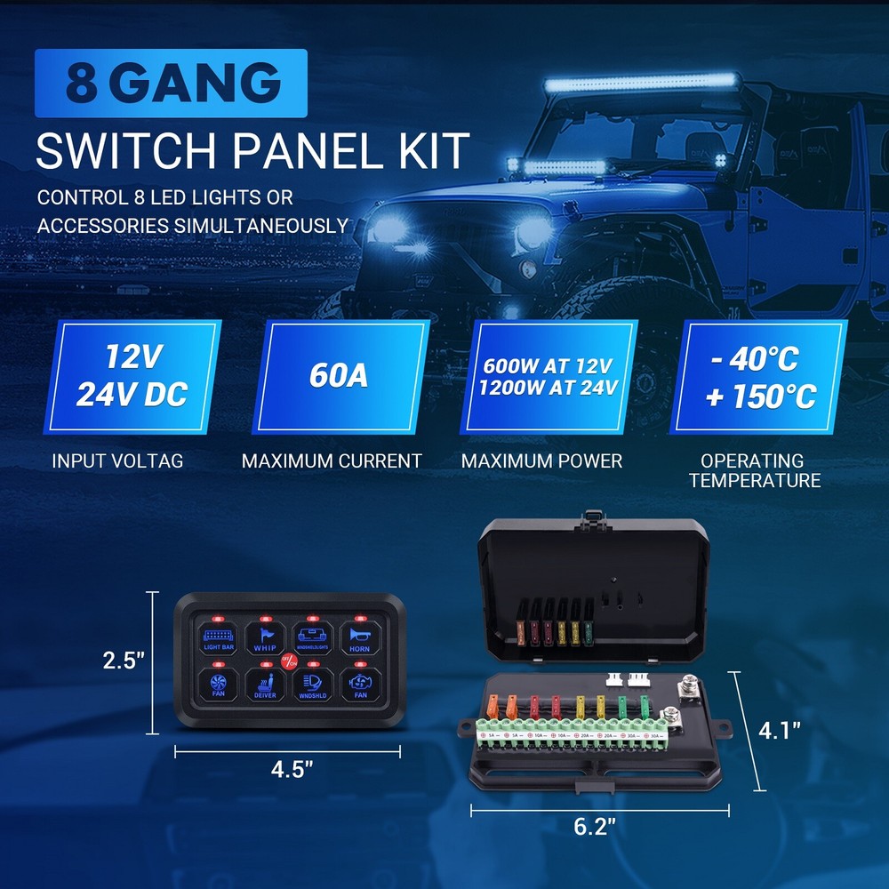 MICTUNING 8 Gang Switch Panel Led Light Electrical Relays System Marine 12/24V