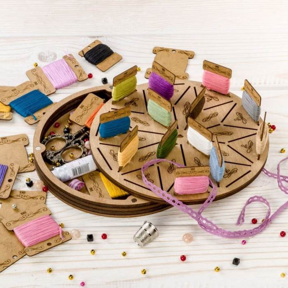 Plywood Needlework Box + 42 spools Needlework Organizer Thread/Floss organizer