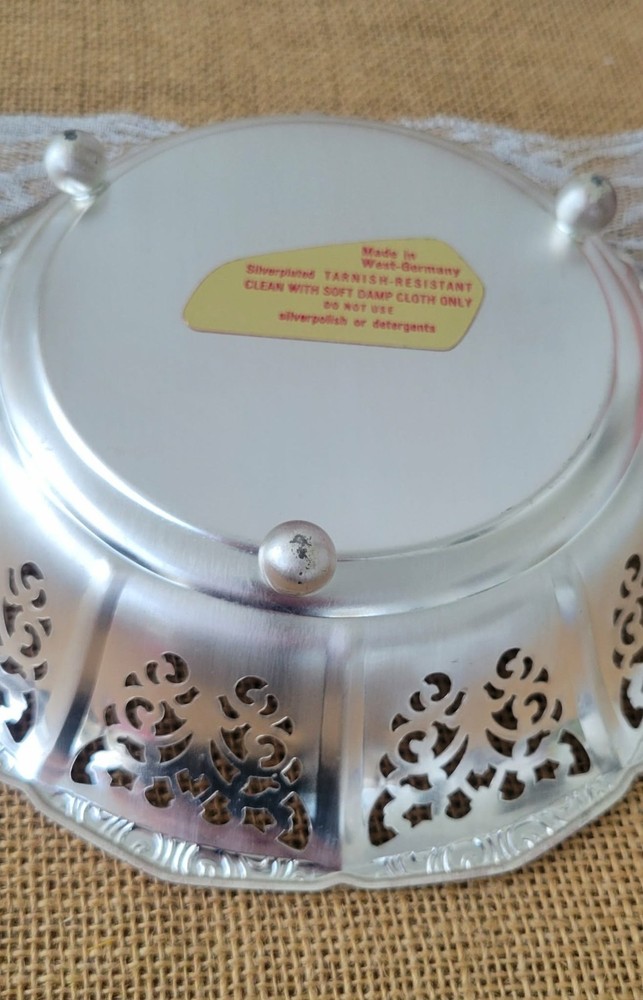 VTG MCM Silver Plated Pierced Footed Bowl Made in West-Germany Tarnish Resistant