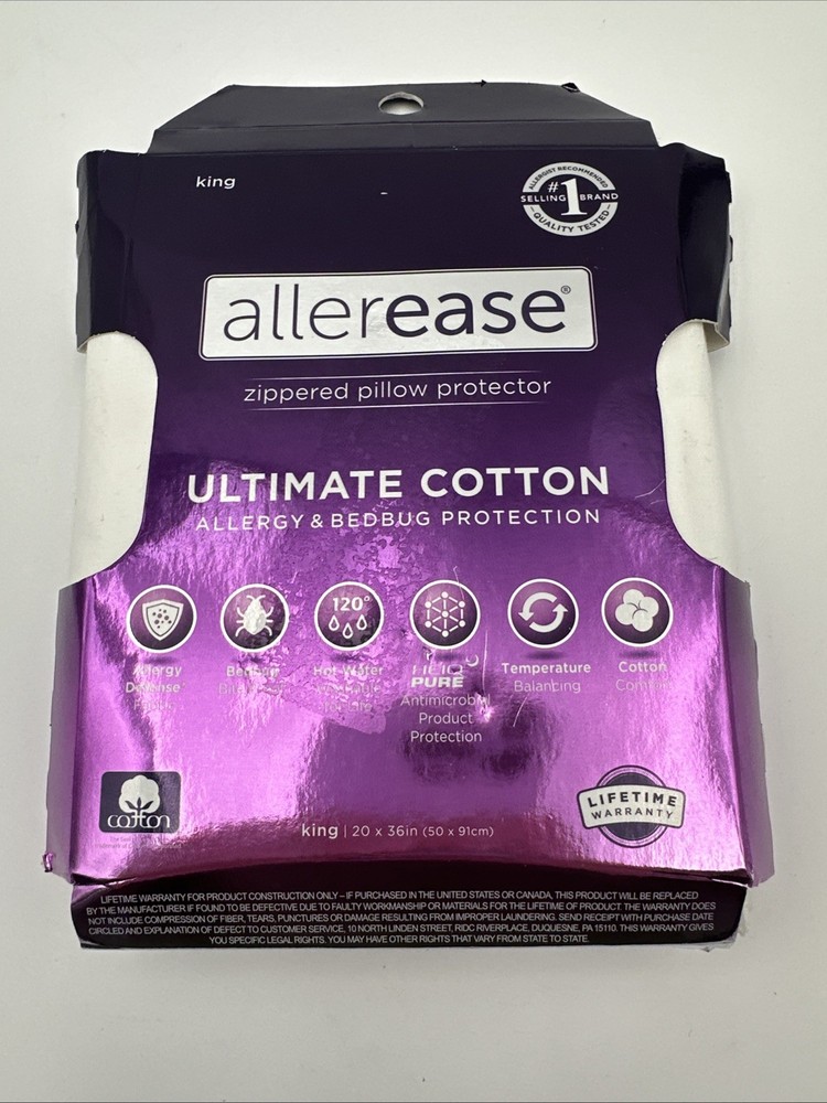 AllerEase Ultimate Cotton Zippered Pillow Protector White King Size 20"x36"