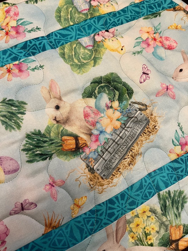 Handcrafted-Quilted Table Runner -Happy Easter - Easter Eggs, Bunnies - Gardens
