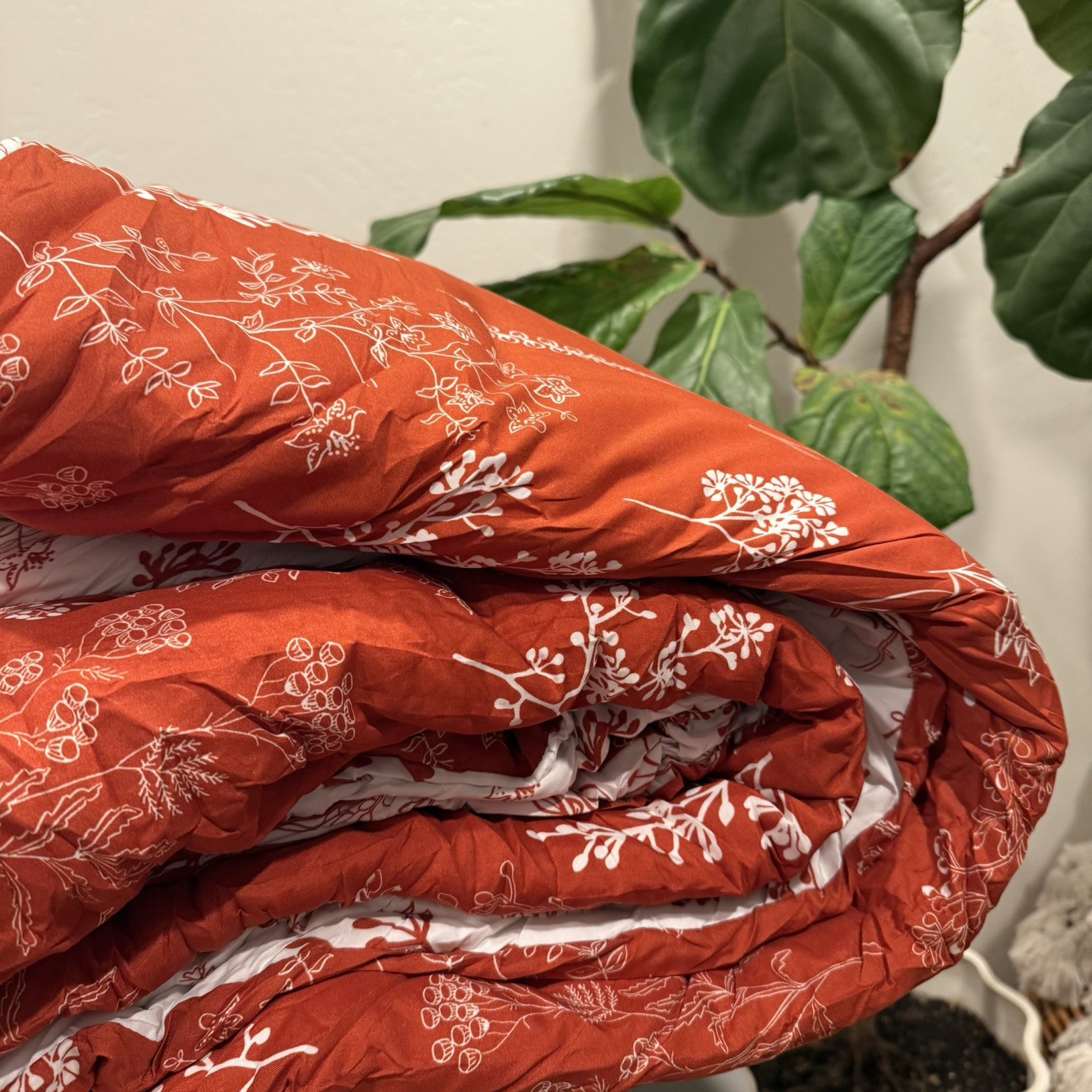 NEW West Elm Red Queen Size Comforter Botanical Print Bedding & Sham Case Set