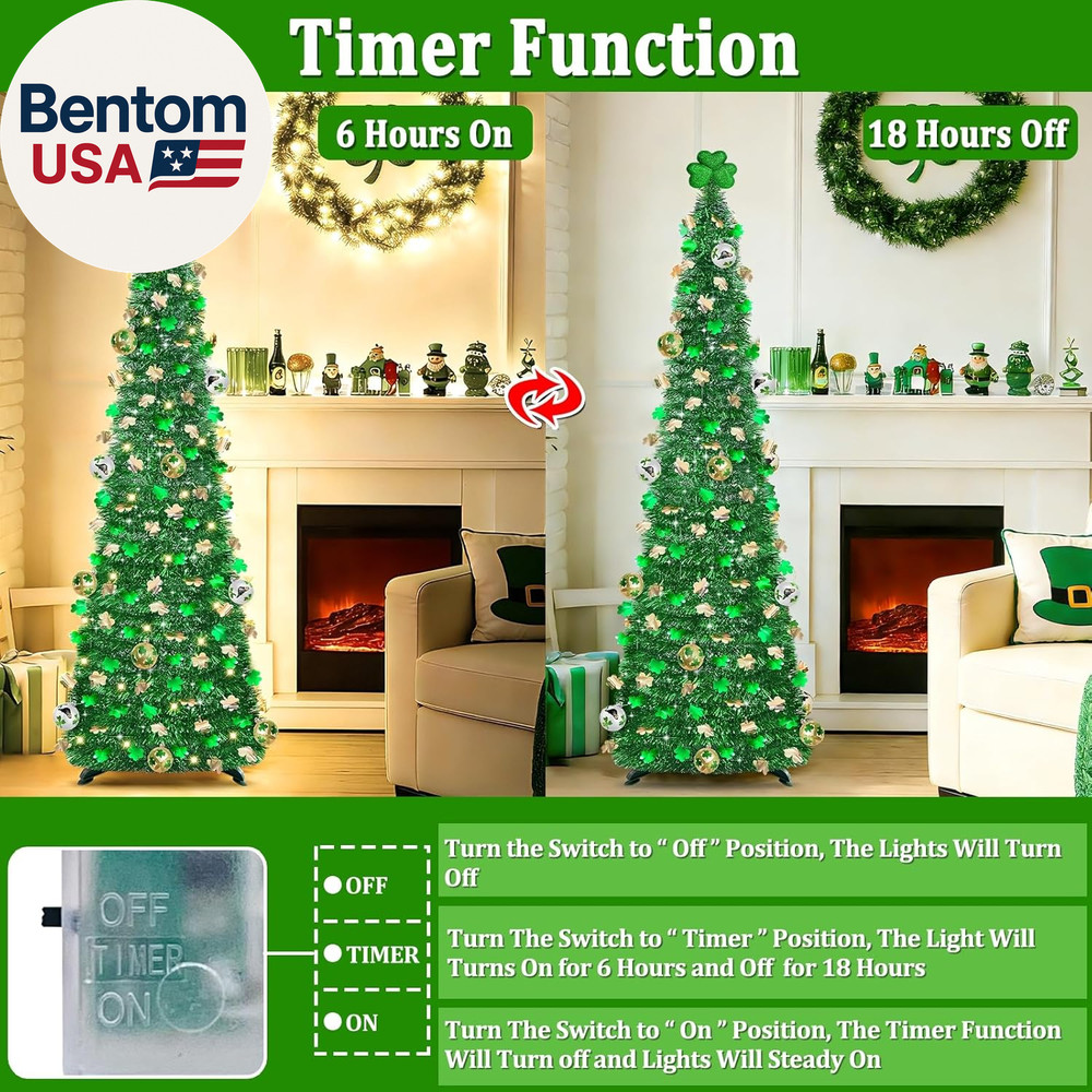 Timer & Shamrock - St Patricks Day Decorations, 5Ft Lighted St Patricks Day Tree